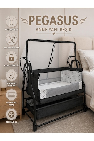 Kujju Pegasus Anne Yanı Katlanır Bebek Beşiği 50x90 Cm - Gri Füme