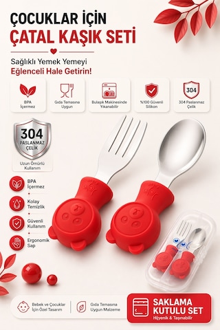 Jojobebek Ergonomik Kısa Saplı Silikon Paslanmaz Çelik Uçlu Saklama Kutulu Kaşık Çatal Seti - Kırmızı - 9 - 24 Ay Kırmızı