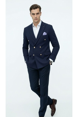 Plus Scorpion Erkek Kruvaze Blazer Ceket Slim Fit Premium Dokulu Şık Klasik Ceket Lacivert