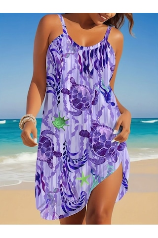 Kadın Askılı Yuvarlak Yaka Kaplumbağa Desenli Süprem Elbise Mor