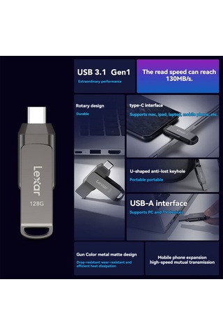 Springsun Lexar D400 32gb Usb 3.1 Çift Bağlantı Usb-a/type-c Metal Flash Drive - 100mb/s Aktarım Hızı, Mobil Ve Bilgisayar Depolama