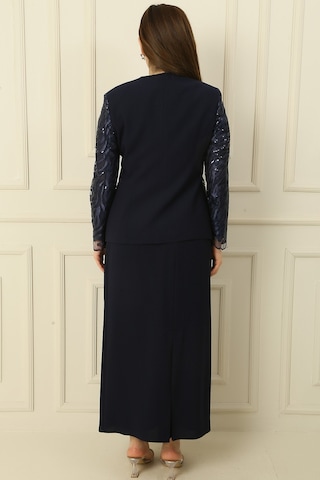 İçi Yarım Ay Kol Bluz Pul Nakışişlemeboncuk Detaylı Ceket Etek Astarlı Büyük Beden 3'lü Takım Lacivert