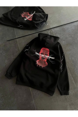 Modi Üç İplik Kapşonlu Baskılı Oversize Sweatshirt- Siyah 1siyah