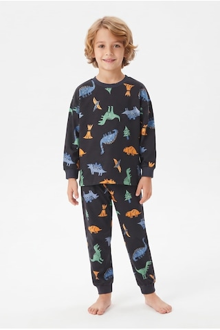 Bunny Hopp %100 Pamuk Süprem Erkek Çocuk Pijama Takımı Füme Renkli Dinozor Desenli Penye Uyku Seti SIYAH