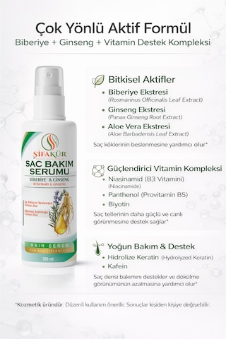 Şifakür Biberiye Ginseng Kafein Vitamin B3 Biyotin Keratin Saç Bakım Serumu 100 ML