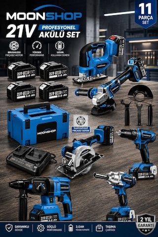 Moonshop DK011 21V DX-1079 Usta Seti 11 Parça Bl Motor Darbeli Matkap + Avuç Taşlama +  Somun Sıkma +  Daire Testere +  Dekupaj
