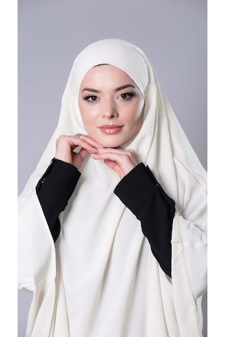 Hürrem Bone Krem Pratik Hazır Geçmeli Tesettür Eşarp Medine İpeği Bağcıklı Sufle Hijab 2301 40