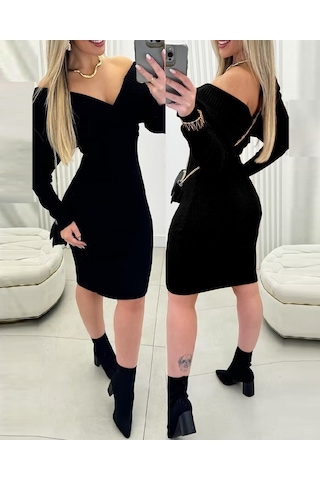 Tua Moda Kadın Uzun Kollu Omuzlardan Açık Kruvaze Yaka Kısa Triko Elbise Siyah