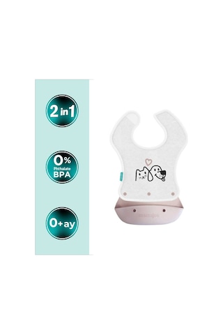 Mamajoo Silikon & Kumaş Katlanır Mama Önlüğü | 2-in-1 Powder Pink + Kumaş Önlük