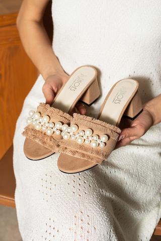 Dabab Shoes Nubıa Kadın İnci Detaylı Hasır Topuklu Taba Terlik Sandalet