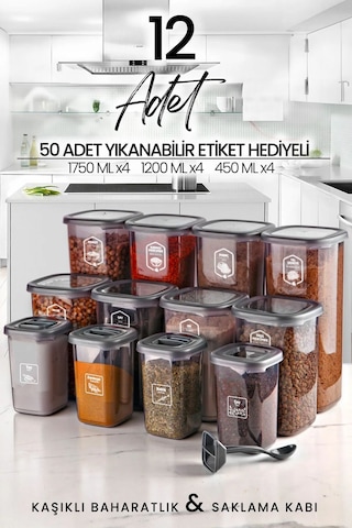 Kitchen Life 12'li Etiketli Kare Erzak Saklama Kabı Ve Kaşıklı Baharatlık Seti (1750ML 1200ML 400 ML) Antrasit - Şeffaf