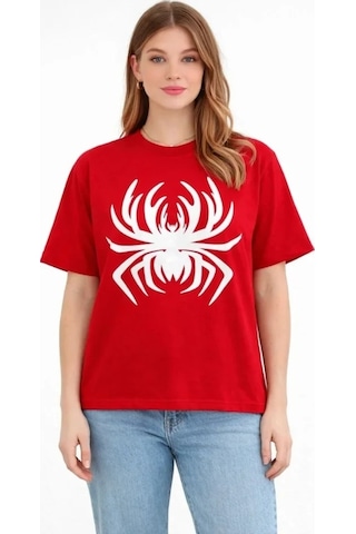 Valensdesign Örümcek Baskılı Tişört Kısa Kollu Bisiklet Yaka T-shirt - Kırmızı