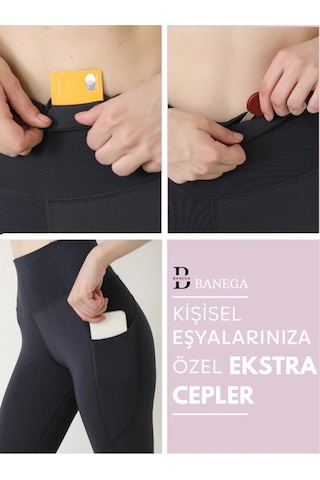 Banega Kadın Mürdüm Yüksek Bel Çift Cepli Push Up Toparlayıcı Sıkılaştırıcı Spor Tayt Mürdüm