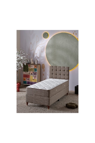 Beehanem Bengü Premium Baza + Yatak + Başlık Seti 90x190 Tek Kişilik Keten Kahverengi Modern 3'lü 90 x 190