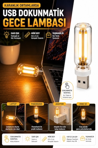 Usb Led Gece Lambası Sarı Işık Dokunmatik Mini Taşınabilir Lamba Laptop Powerbank Araç İçi 6,5 Cm 5v