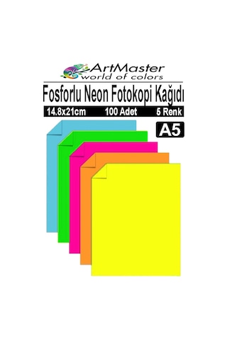 Fosforlu Neon Renkli A5 Fotokopi Kağıdı 100 Adet 1 Paket 14.8x21 Cm Fosforlu 5 Renk Parlak Canlı Renkler Neon Fotokopi