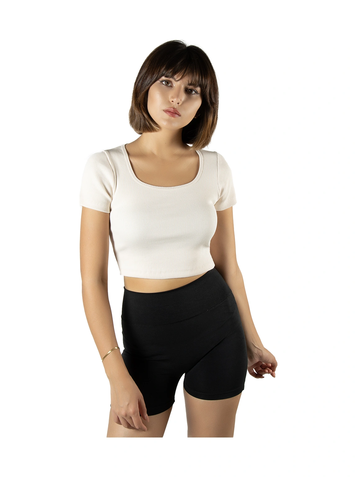 Veaven Krem Havuz Yaka Fitted/vücuda Oturan Kısa Kol Crop Tişört Krem