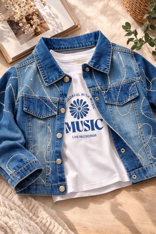 Uğur Bebe Kız Çocuk Kot Takım Taşlı Denim Kot Ceket Jean Pantolon Tişört 3 Lü Kombin Şık Trend Bayramlık Mavi Mavi