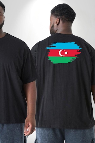 Angemiel Azerbeycan Bayrağı Büyük Beden Siyah Tişört Kadın Erkek Ünisex Sırt Baskılı Siyah