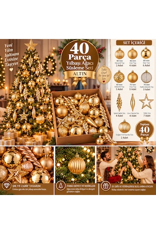 40 Parça Altın Yılbaşı Ağacı Süsleme Seti Top, Yıldız, Damla Ve Spiral Dekor Süsleri 3 CM