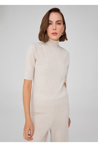 Peraluna Balıkçı Yaka Kısa Kollu İnce Basic Kadın Triko Bluz Ekru-Ekru