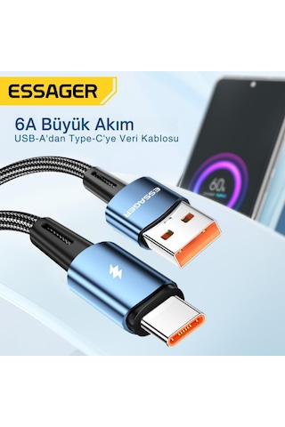 Essager 1 Metre 120w 6a Pd3.1 Usb To Type-c Mega Hızlı Data Şarj Kablosu, Ultra Sağlam Halat Kablo Kopmaz