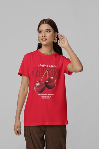 Nevermind Unisex Erkek/kadın Cherrıes Özel Baskılı Oversize Pamuklu Bisikle Kırmızı