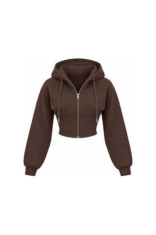 Evoa Kadın Kahve Oversize Kol Kapüşonlu Crop Hırka Kahverengi