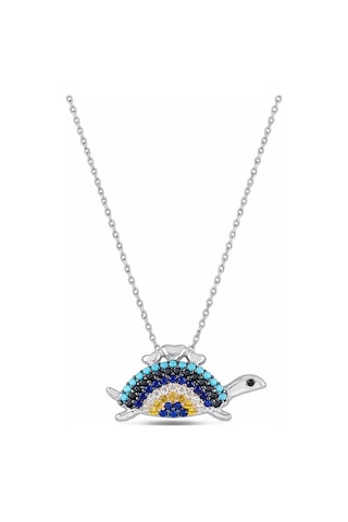Çekirdekjewelry Rodyum Renk Kaplumbağa Kolye Renkli Taşlı Şık Tasarım 925 Ayar Gümüş Gri