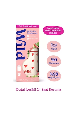Wild %98 Natural Stick Deodorant Kutu + Refill Paketi - Love Heart Case + Pink Grapefruit & Lime 40 Gr