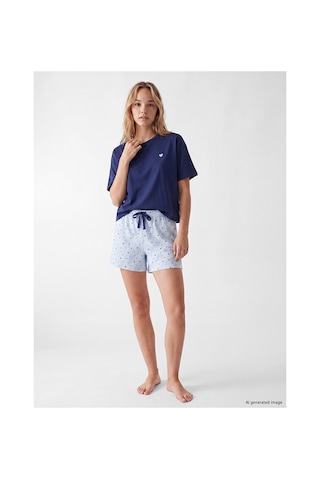 Lcw Dream Mavi Bisiklet Yaka Nakışlı Kadın Şortlu Pijama Takımı