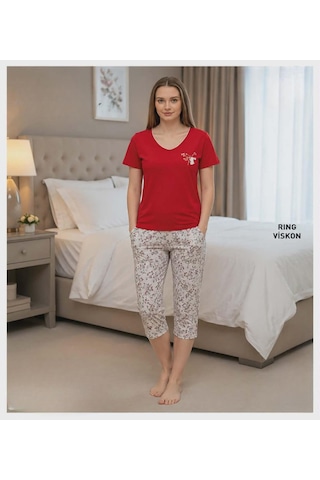 Mi Hra Mihra Kadın Viskon V Yaka Kısa Kol Kapri Likralı Pijama Takımı 40111k - 1 Adet Kırmızı