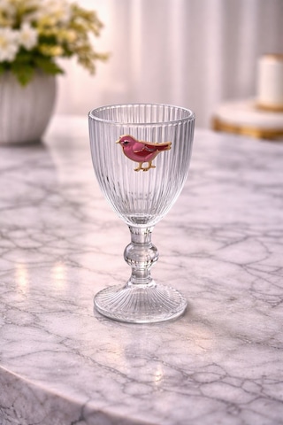 6 Lı Kristal Cam Kahve Yanı Su Bardağı Pembe Kuş Lovely Birds Bardak 75ml Şeffaf