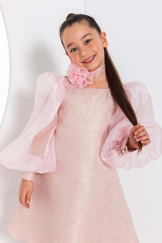 Riccotarz Kız Çocuk Çiçekli Boyunluk Hediyeli Şeffaf Karpuz Kollu Üzeri Pembe Lila Elbise Pembe