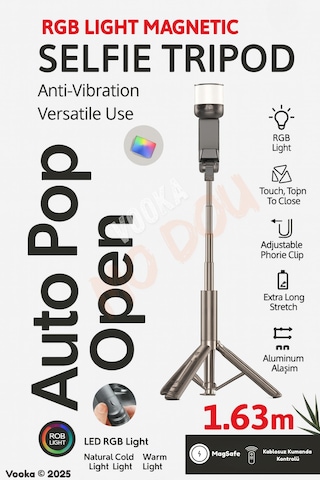 Rgb Işıklı Selfie Tripod Çubuğu Bluetooth Kumandalı Uzayabilir Led 1.63m Işık Tripod Telefon Stand
