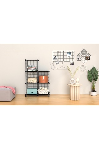 Dekoratif Tel Kafes Tasarımlı 6 Bölmeli Raf - Çok Amaçlı Tel Dolap Siyah