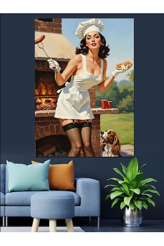 Retro Hizmetçi Pin-up Kız Dekoratif Kanvas - Mdf Ahşap Tablo