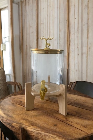 Qerhome Geyik Detaylı Bambu Standlı Şeffaf Cam Musluklu Şerbet- Meyve Suyu Içecek- Su Sebili 3,5 Lt