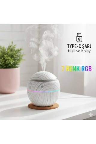 Prime Home Oval 200ml Hava Nemlendirici - 7 Renk Rgb Işıklı Difüzör - Type-c Girişli Aromaterapi Regular Gri Beyaz
