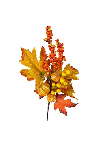 Yapay Çiçek Turuncu Kokina Halloween Turuncu Sonbahar Çınar Yapraklı Dal 45cm Yılbaşı Çiçeği Red Berry Turuncu