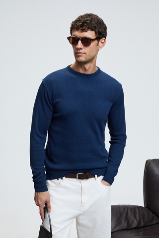 Grimelange VAREX Erkek Yuvarlak Yaka Basic Slim Fit Triko İndigo Kazak
