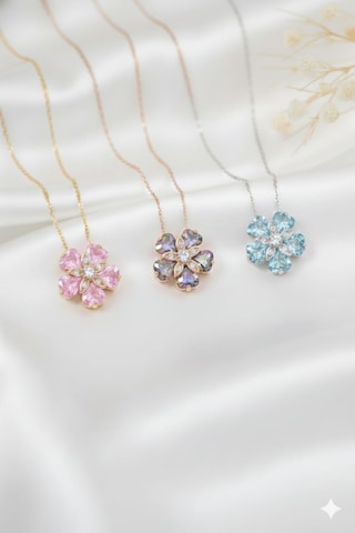 925 Ayar Papatya Silver Doğum Taşlı Unutma Beni Çiçeği Kolye.rose.gold.rodaj Gümüş