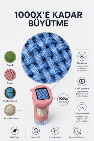 4berry Taşınabilir Fotoğraf Çekebilen Dijital Mikroskop 1000x 2.4 Ips Ekran, 2 Mp Kamera, 8 Led Işık, Type-c Şarjlı Pembe