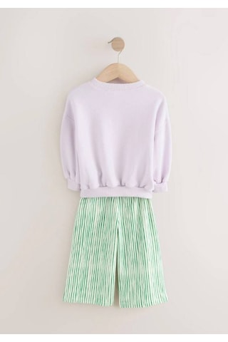 Kız Çocuk Kabartma Aplike Baskı Detaylı Sweatshirt Yeşil Beyaz Çizgili Jogger Alt Üst Takım Çok Renkli