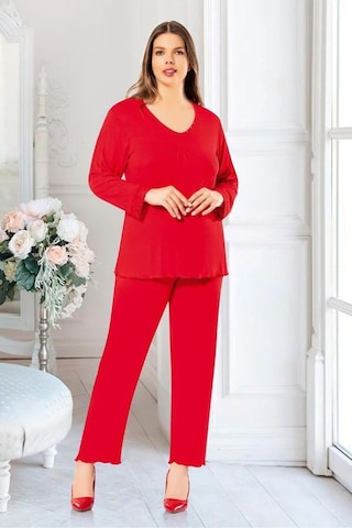 Faal 8806 Kadın Büyük Beden Uzun Kollu Pijama Takım-kırmızı Kırmızı