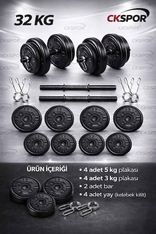 CKSpor 32 KG Ağırlık Seti Dambıl  Vücut Geliştirme Aleti halter Seti 30 Kg Plaka Ağırlığı