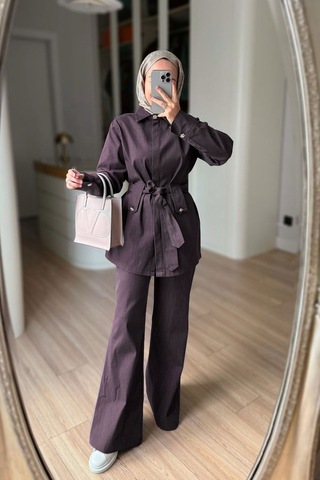 Ka Hijab Pelerinli Kot Takım - Mürdüm