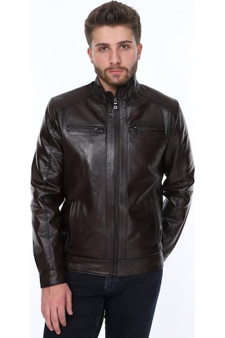 Hakiki Kuzu Derisi Fermuarlı Slim Fit Erkek Deri Ceket Kahverengi Kahverengi