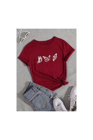 Uçuşan Kelebekler Temalı Premium Baskılı Kadın T-shirt Kırmızı