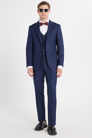 Tudors Erkek Slim Fit Lacivert Esnek Likralı Kumaş Sivri Yaka Yelekli Takım Elbise-33908 Lacivert